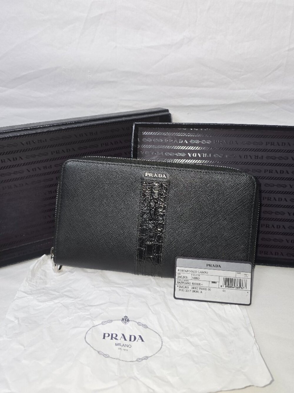 PRADA Black Saffiano & Crocodile Double Zip Compartment Clutch Wallet No Strap